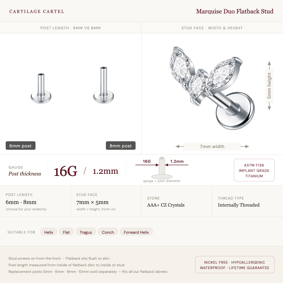 Marquise Duo Flat Back Labret Silver