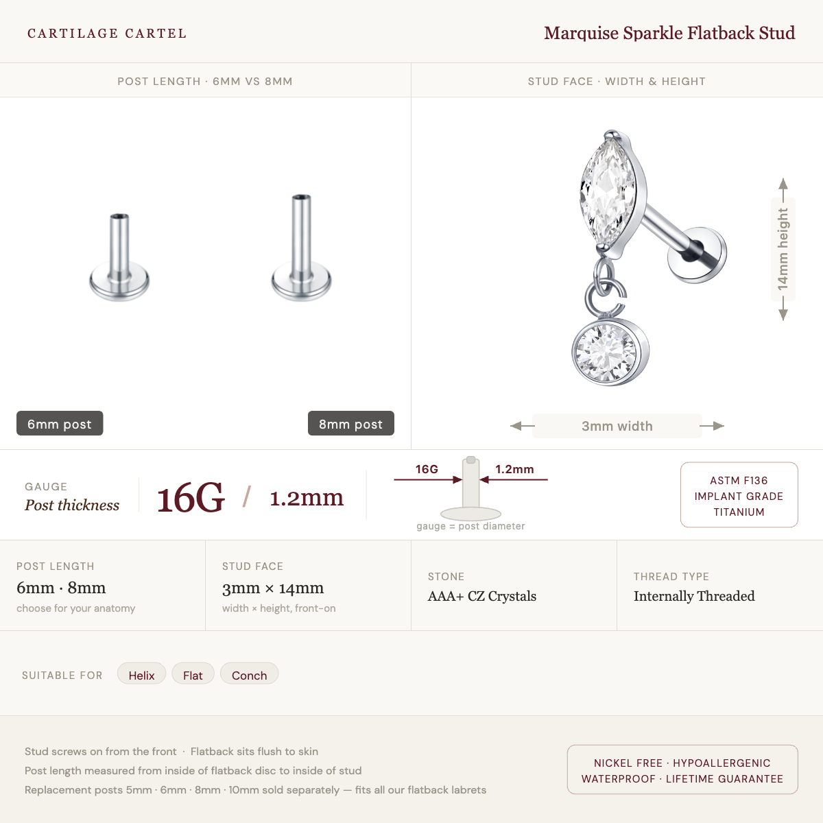 Marquise Sparkle Flat Back Labret Gold