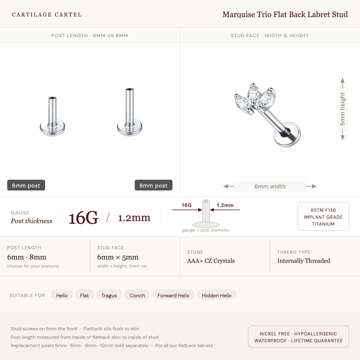 Marquise Trio Flat Back Labret Stud Silver