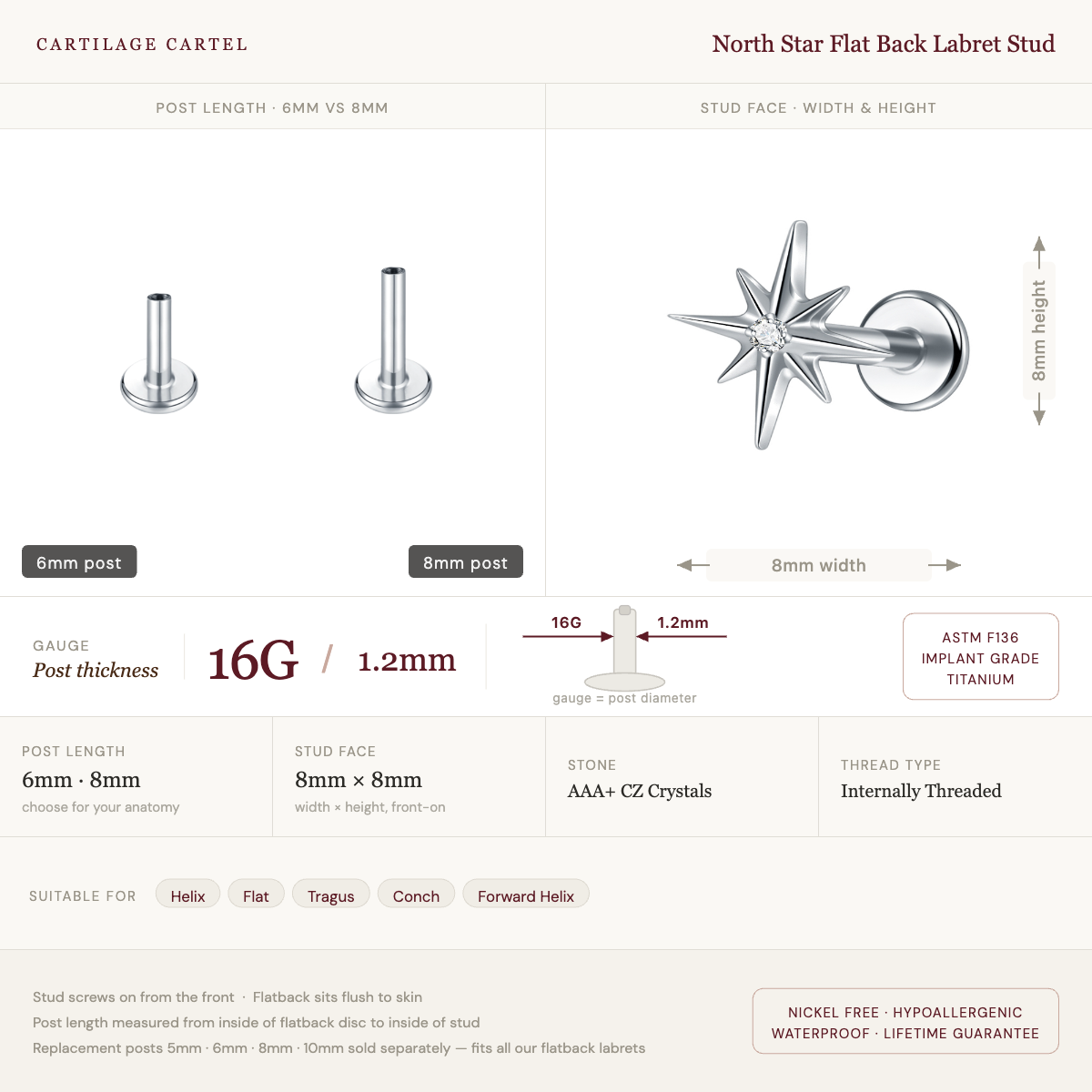 North Star Flat Back Labret Stud Silver
