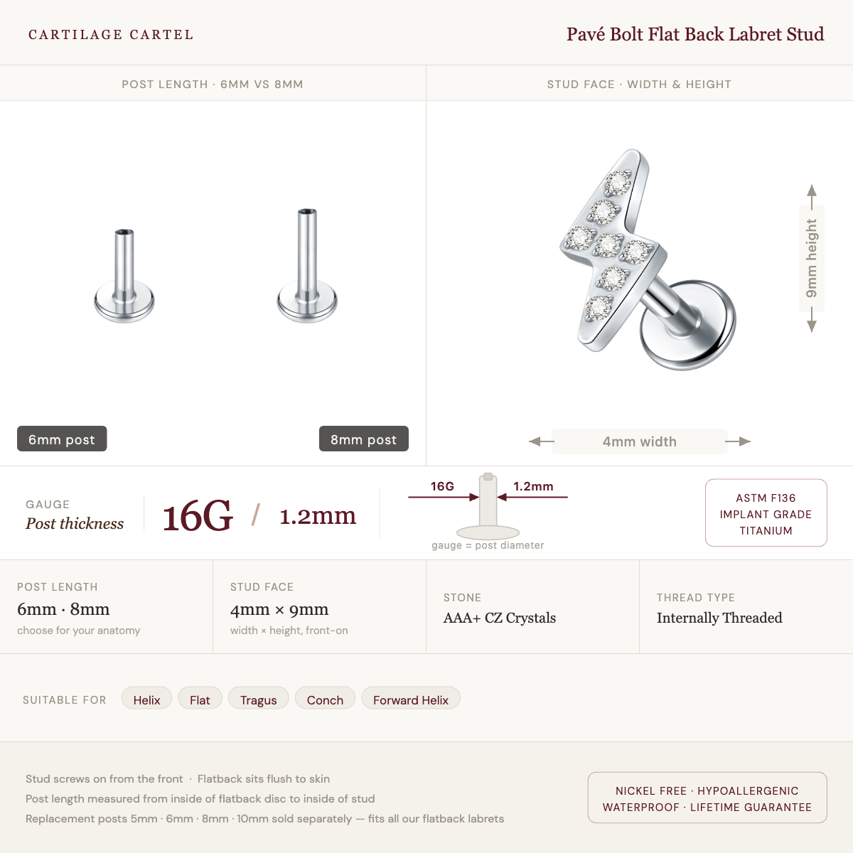 Pavé Bolt Flat Back Labret Stud Silver