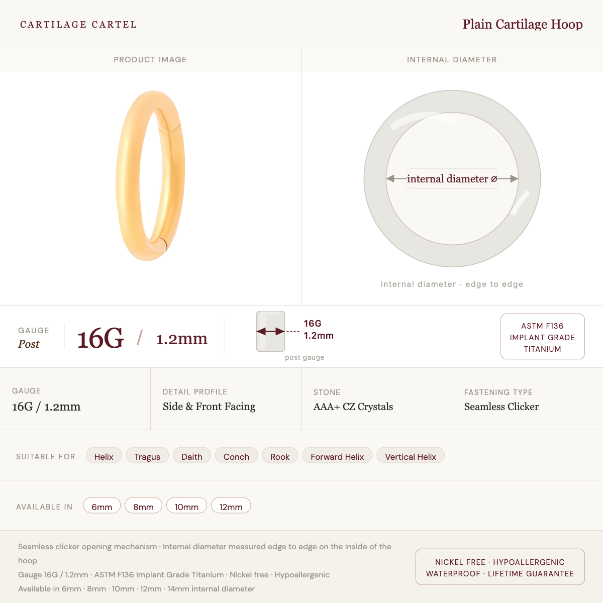 Plain Cartilage Hoop Gold - 6-12mm