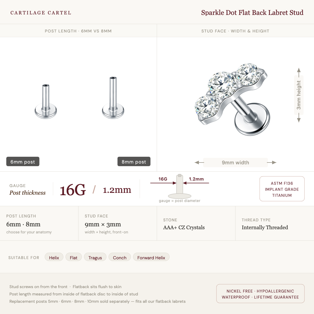 Sparkle Dot Flat Back Labret Stud Gold