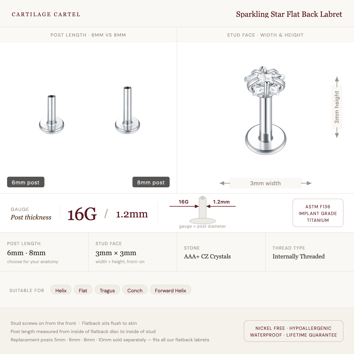 Sparkling Star Flat Back Labret Stud Silver