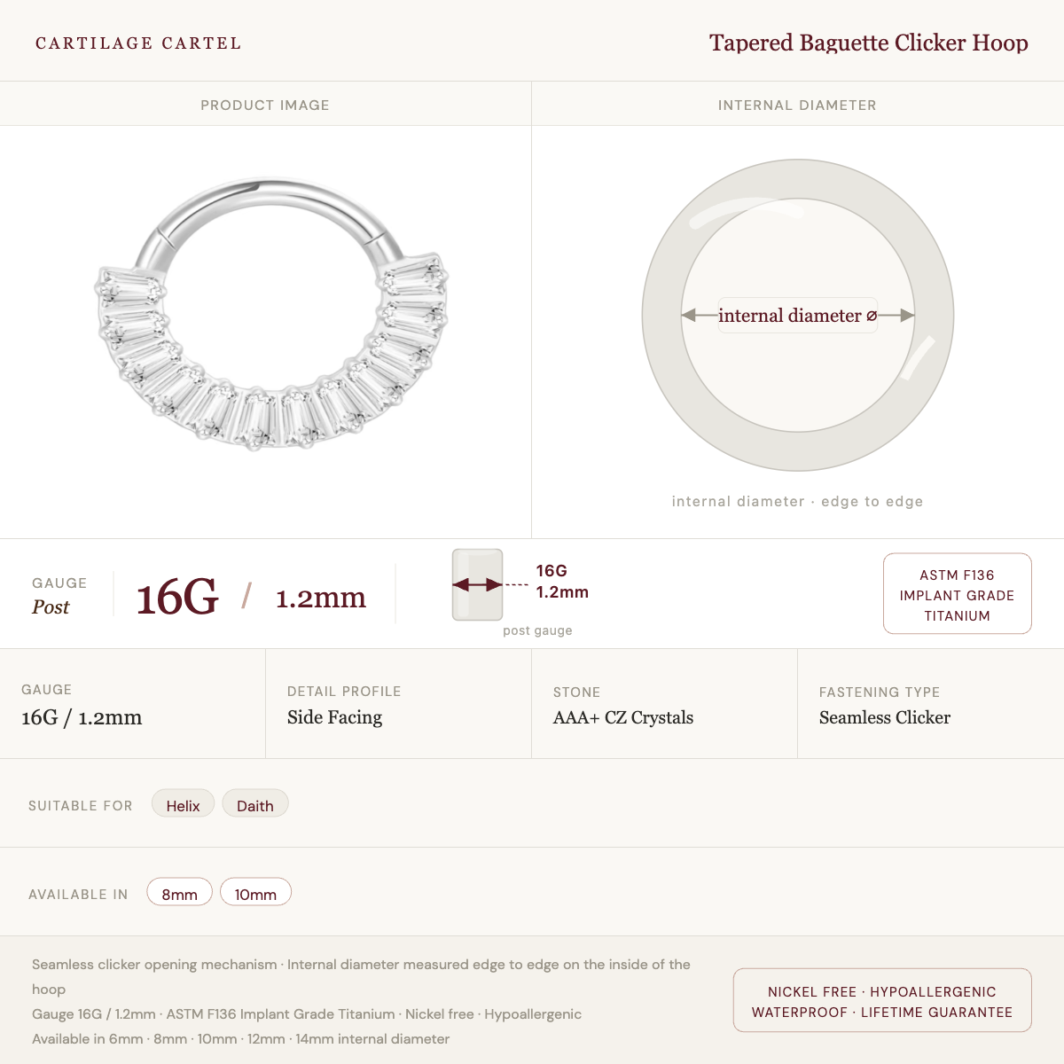 Tapered Baguette Clicker Hoop Silver 8-10mm