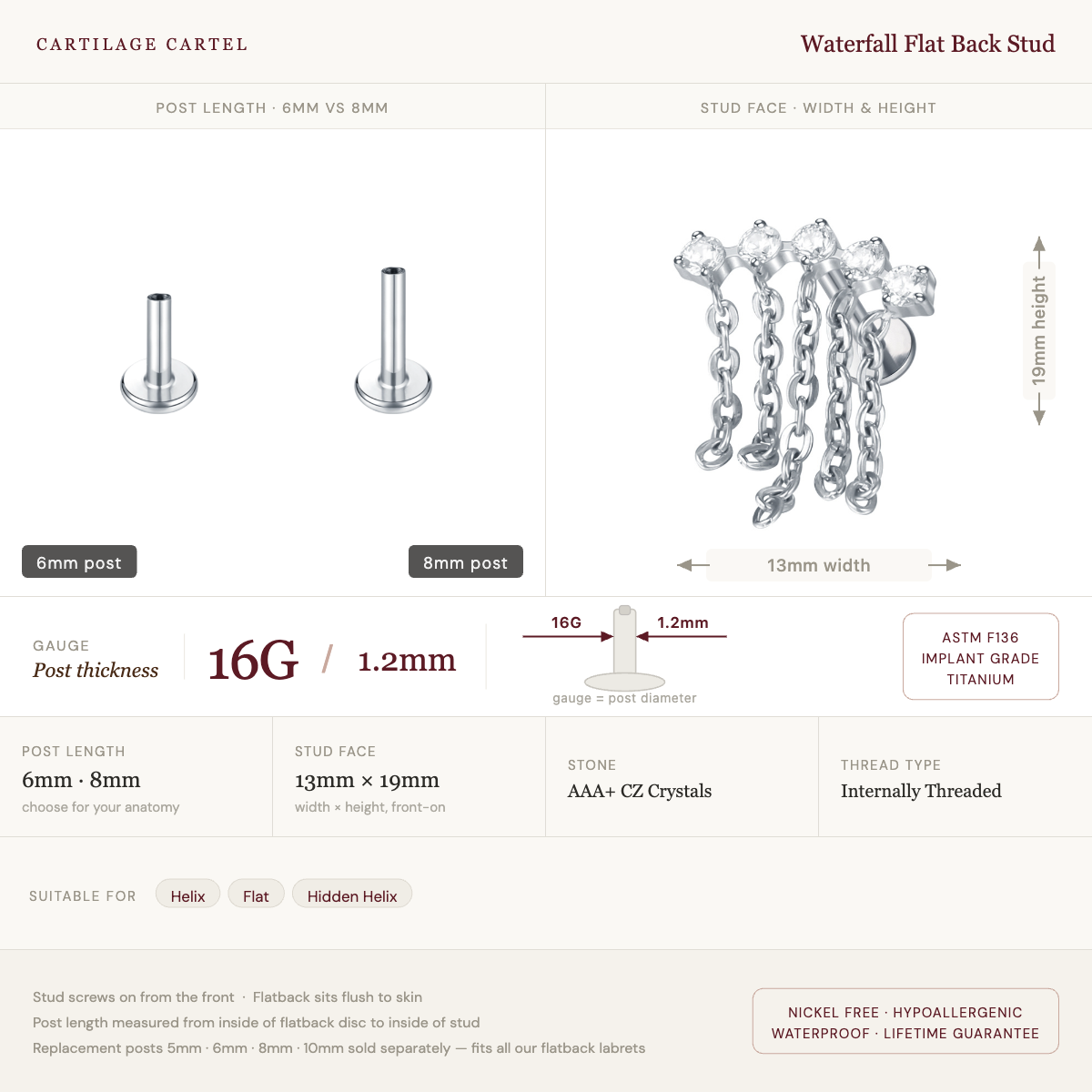 Waterfall Flat Back Stud Gold