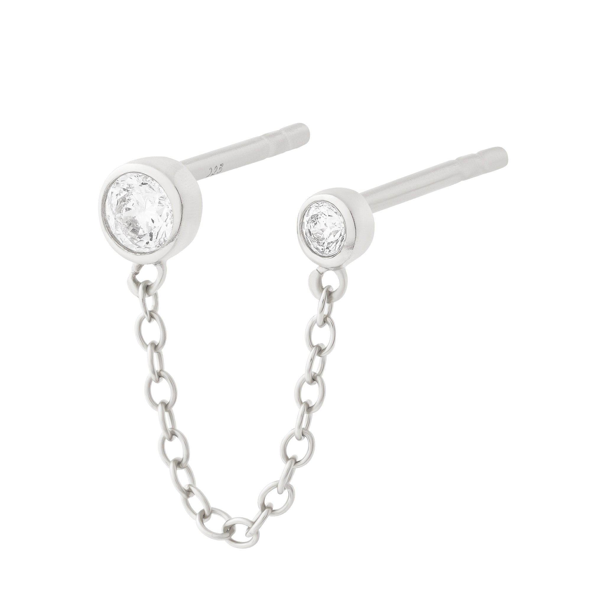 Bezel Double Chain Stud Earring Silver