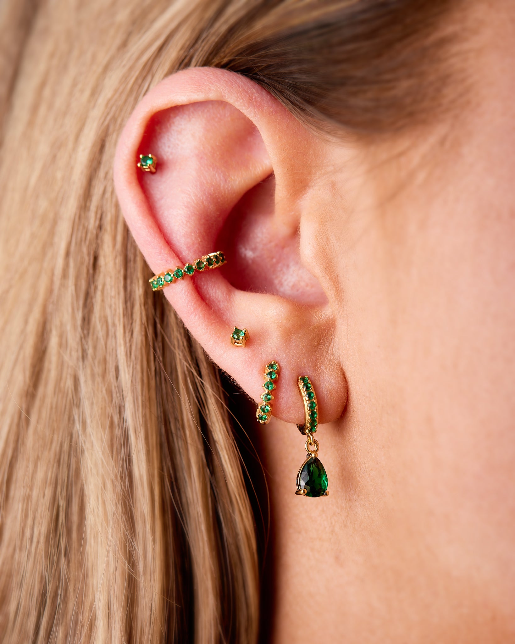 Tiny Crystal Ear Cuff Gold & Green